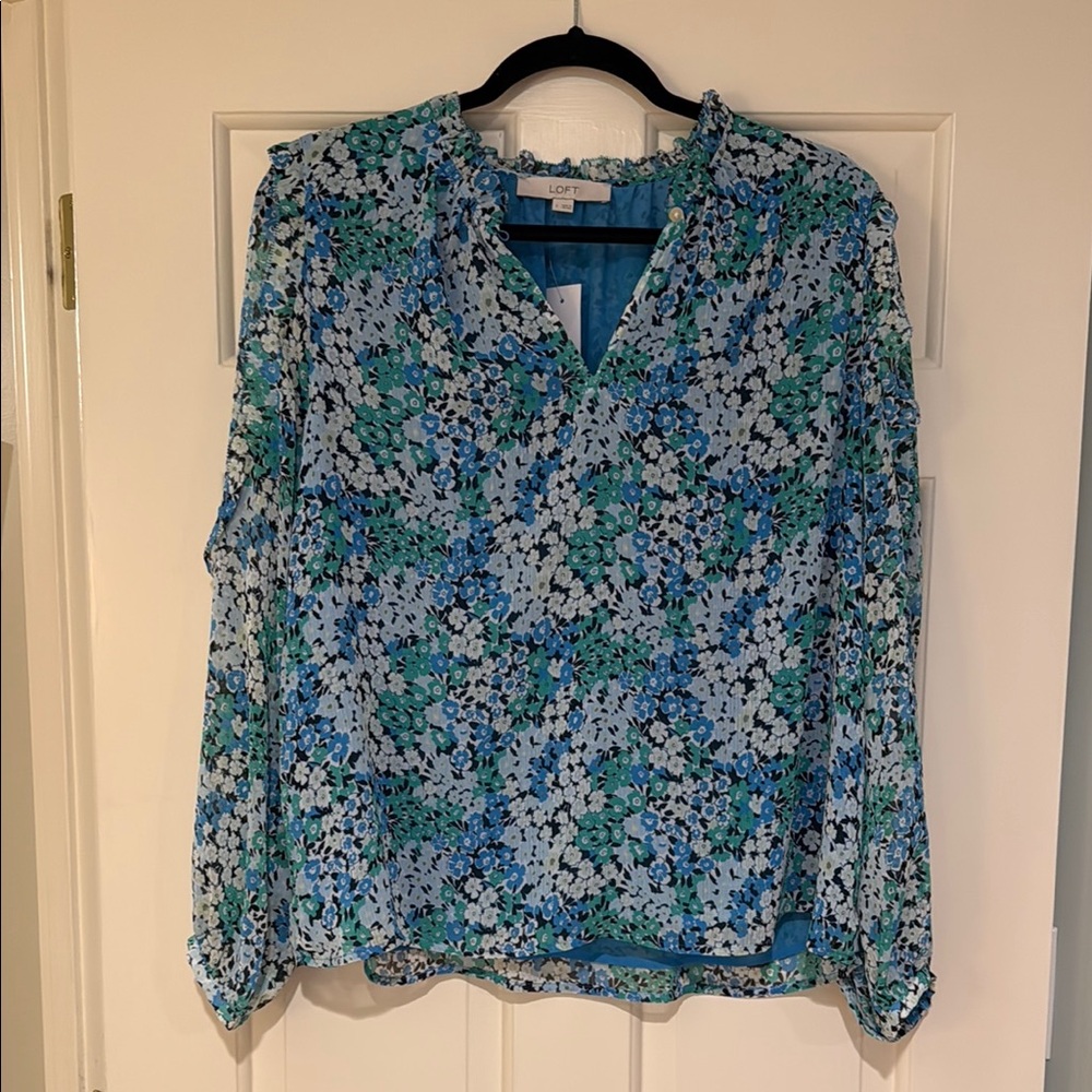 LOFT Blue Relaxed Mandarin Collar Blouse